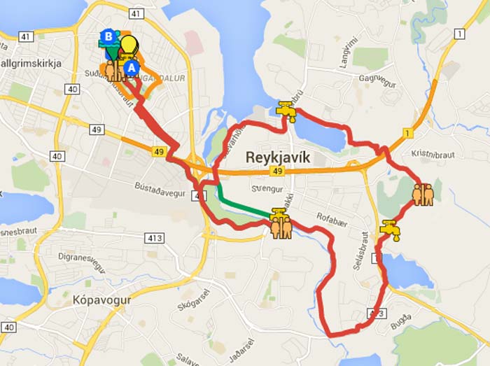 map of the course of the Iceland half marathon and 10K